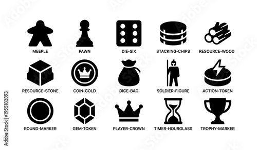 Board game icons collection featuring pawns, dice, and resource tokens
