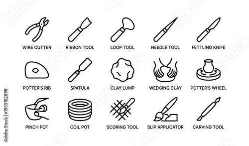 Illustration of common pottery tools with icons for clay crafting and sculpting
