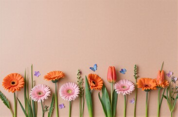 Colorful flowers and butterflies arranged neatly against a soft beige