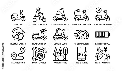 Electric scooter icons: transportation, safety, maintenance, and navigation visuals