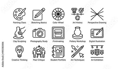 Art and craft icons: painting, sketching, color wheel, pottery, photography, printmaking