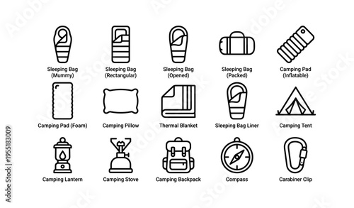 Essential camping gear icons: sleeping bags, tents, lanterns, stove, backpack, compass