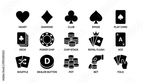 Poker icons set: heart, diamond, club, spade, cards, chips, bet
