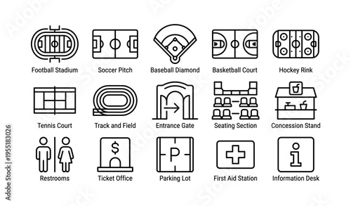 Sports venue icons: stadiums, courts, fields, and facility symbols