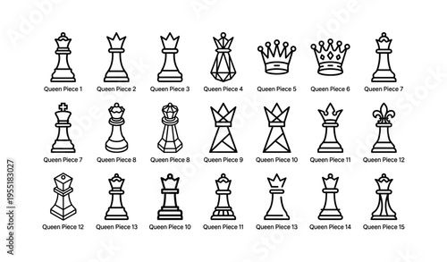 Set of 20 unique chess queen icon designs numbered sequentially