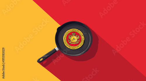 A cartoon-style illustration showing a coin inside a frying pan set against a split, colored backdrop