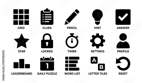 Puzzle app icons for games and challenges including grid, clues, timer, and settings