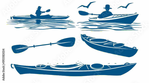 Blue silhouetted kayaks with paddlers, paddles, birds, and choppy waves