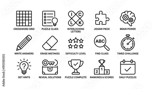 Puzzle icons: crossword, jigsaw, timer, trophy, brain