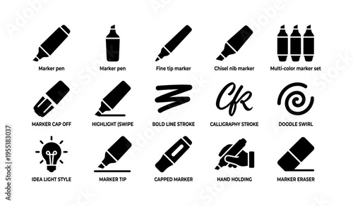 Marker icons set: pen styles, strokes, and accessories