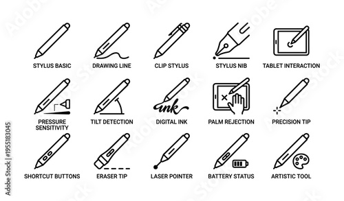 Digital drawing tools: stylus features and tablet interaction icons