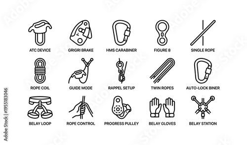 Climbing gear icons: atc, carabiner, rope, pulley, gloves for safe climbing
