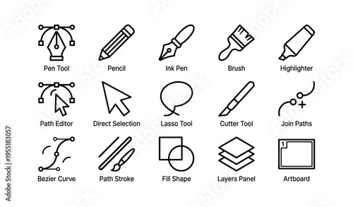 Graphic design tools icons set featuring various drawing instruments