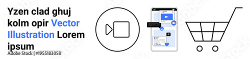 E-commerce, video marketing, online shopping, digital content, mobile applications, media design. Icons video, smartphone interface and a shopping cart. E-commerce and video marketing concept