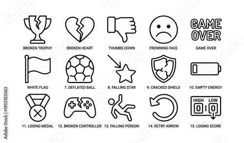 Icon set illustrating failure and negativity concepts