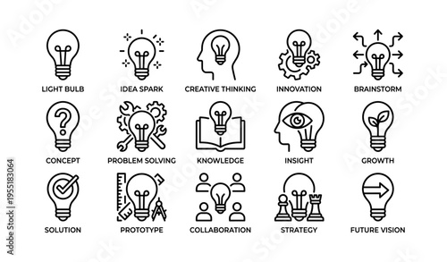 Creative thinking icons: light bulb, innovation, strategy, collaboration, insight