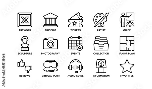 Icon set for museum visit - artwork, tickets, guide, and more