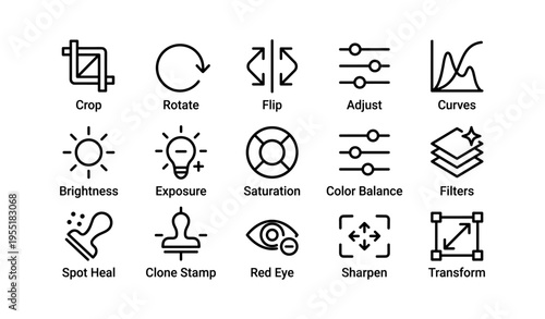Set of photo editing icons: tools for crop, rotate, flip, adjust, and more