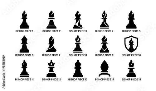 Collection of distinct chess bishop icons in various styles