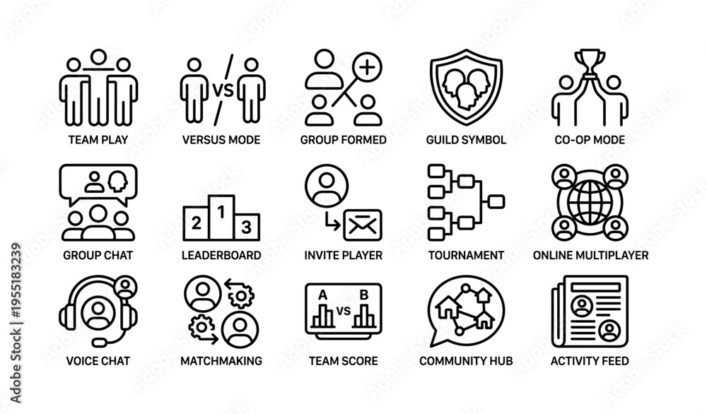 Fototapeta premium Gaming icons set featuring team play, versus mode, online multiplayer, voice chat, leaderboard