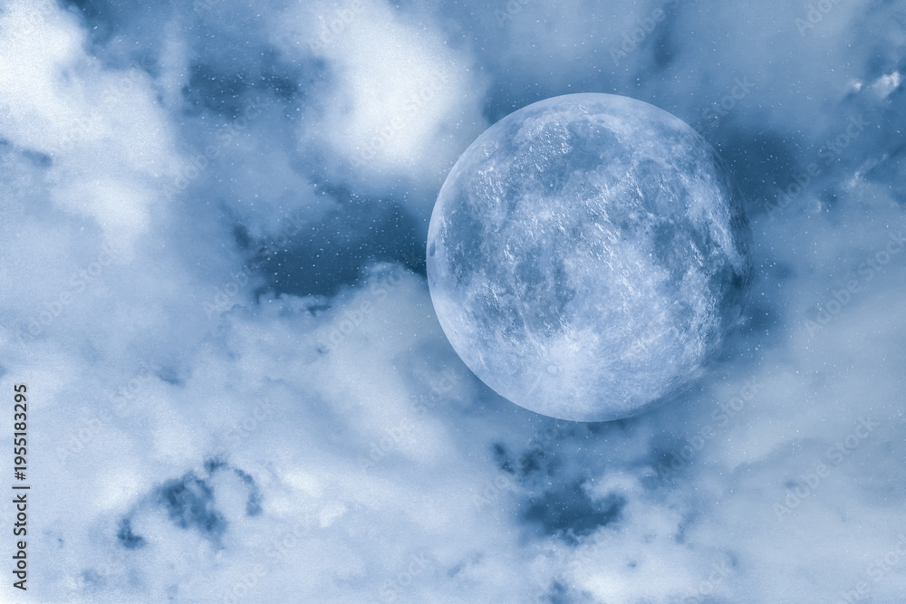 Fototapeta premium Big full moon among clouds in night sky