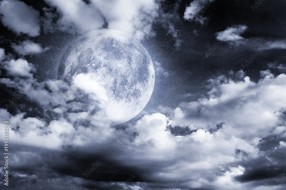 Fototapeta premium Big full moon among clouds in night sky