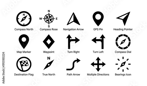 Set of navigation and direction icons including compass and gps elements