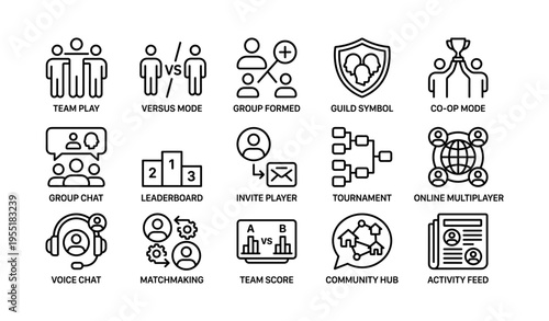 Gaming icons set featuring team play, versus mode, online multiplayer, voice chat, leaderboard