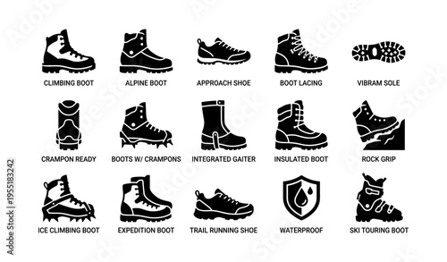 Various types of climbing and hiking boots with features and accessories