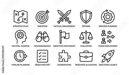 Strategic planning and execution icons for business and management