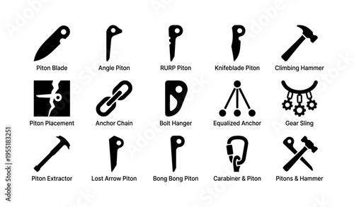Rock climbing gear icons: pitons, anchors, and tools