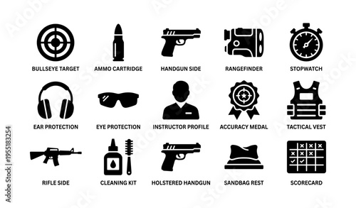 Shooting equipment icons - target, ammo, handgun, rangefinder, tactical gear