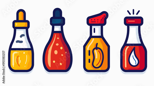 Four colorful stylized condiment bottles with different shapes and fillings