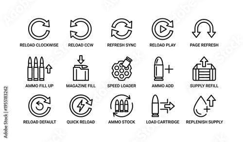 Line icons of reload and supply refill for ammo and utilities