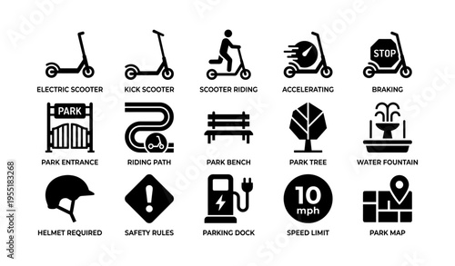 Urban transport icons: scooter, park facilities, safety signs