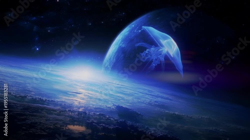 A bioluminescent, ethereal jellyfish drifts through the cosmos near a glowing blue planet, evoking a sense of wonder and the vastness of space in this stunning sci-fi 3D render.