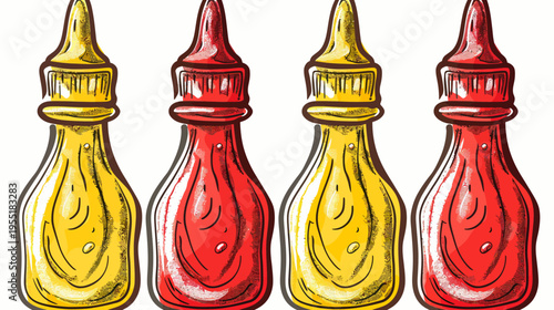 Four sketch-style condiment bottles, alternating yellow and red, stand against a white background
