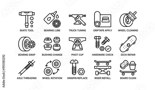 Skateboard maintenance icons: tools and repair procedures