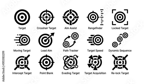 Target icons set: crosshair, aim assist, rangefinder, dynamic sequence, intercept target
