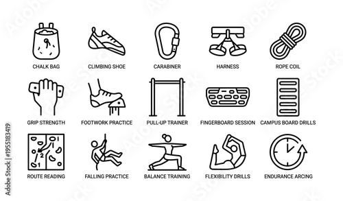 Climbing training icons: gear, exercises, and techniques collection