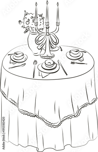 Wedding Table Dinner Setting Vintage Sketch