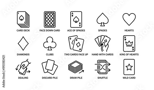 Playing card symbols and actions: spades, hearts, diamonds, clubs, decks, wild card