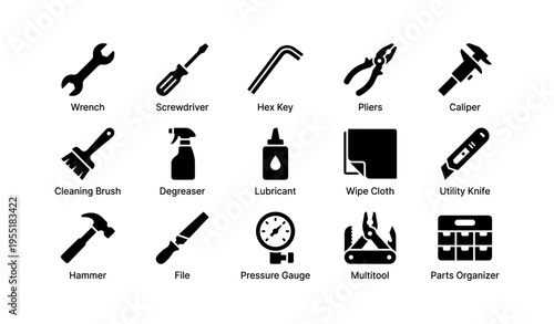 Essential hand tools and maintenance supplies icon set for diy projects