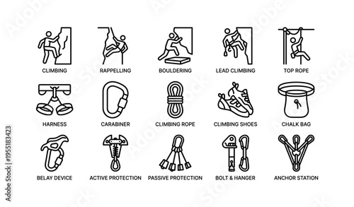 Rock climbing equipment icons: rappelling, bouldering, protection gear, climbing shoes, rope