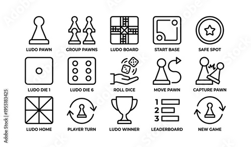 Ludo board game icons set: pawn, die, safe spot, roll dice, player turn