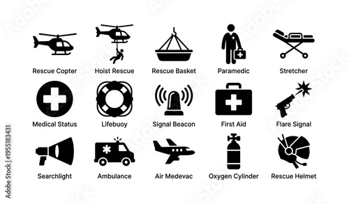 Emergency rescue icons collection featuring helicopter paramedics and medical equipment