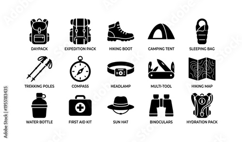 Essential camping and hiking gear icons including backpack, tent, and compass