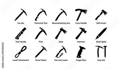 Mountaineering, climbing tools and equipment symbols collection
