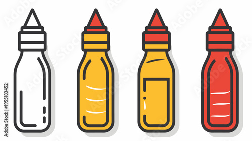 Four condiment bottles are pictured in a flat vector style