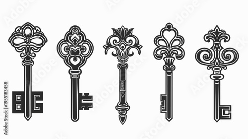 Five ornate vintage keys are arranged in a row in silhouette on a white background